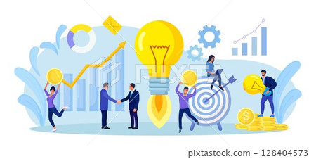 Tiny people develop creative business idea. Big light bulb as metaphor of idea. Business meeting and brainstorming. Businessmen solve problems and find solutions with teamwork. 128404573