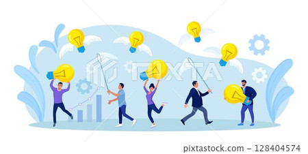 Business people chasing, catch flying light bulb with butterfly net. Capture new business ideas, search for innovation or creativity, brainstorm, invent new project. Motivated employee seek solution Business people chasing, catch flying light bulb with butterfly net. Capture new business ideas, search for innovation or creativity, brainstorm, invent new project. Motivated employee seek solution 128404574