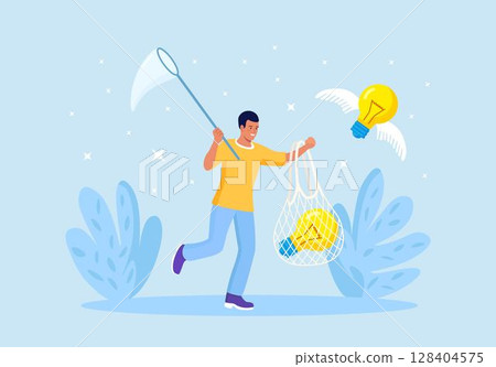 Businessman chasing and catch flying light bulb with butterfly net. Capture new business ideas, search for innovation or creativity, brainstorm or invent new project. Motivated employee seek solution Businessman chasing and catch flying light bulb with butterfly net. Capture new business ideas, search for innovation or creativity, brainstorm or invent new project. Motivated employee seek solution 128404575