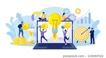 Tiny people develop creative business idea. Big light bulb as rocket on laptop screen. Business meeting and brainstorming, launch startup. Businessmen solve problems and find solutions with teamwork Tiny people develop creative business idea. Big light bulb as rocket on laptop screen. Business meeting and brainstorming, launch startup. Businessmen solve problems and find solutions with teamwork 128404582