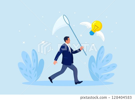 Businessman chasing and catch flying light bulb with butterfly net. Capture new business ideas, search for innovation or creativity, brainstorm or invent new project. Motivated employee seek solution Businessman chasing and catch flying light bulb with butterfly net. Capture new business ideas, search for innovation or creativity, brainstorm or invent new project. Motivated employee seek solution 128404583