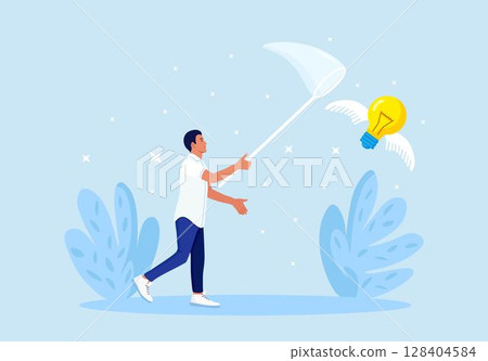 Businessman chasing and catch flying light bulb with butterfly net. Capture new business ideas, search for innovation or creativity, brainstorm or invent new project. Motivated employee seek solution Businessman chasing and catch flying light bulb with butterfly net. Capture new business ideas, search for innovation or creativity, brainstorm or invent new project. Motivated employee seek solution 128404584