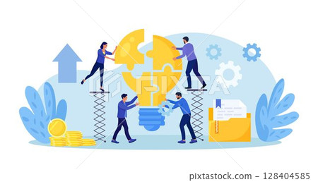 Teamwork or partnership. Business people connect light bulb puzzle together. Team collaboration for business idea. Creative entrepreneurs brainstorming to solve problem, colleagues working on start up 128404585