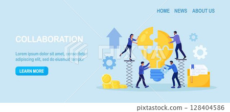 Teamwork or partnership. Business people connect light bulb puzzle together. Team collaboration for business idea. Creative entrepreneurs brainstorming to solve problem, colleagues working on start up 128404586