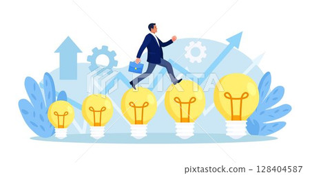 Ambitious businessman jumping on light bulb for research business ideas. Progress, way to success or achieve goal. Career path. Business mission, challenge to succeed. Innovation, solution of problem 128404587