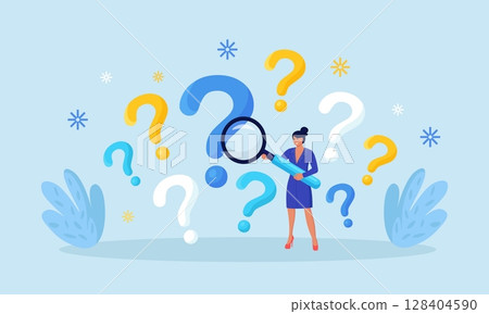 Woman holding magnifying glass, researching information. FAQ Frequently Asked Questions, query. Root cause analysis, solving problem. Creative thinking idea. Investigate, search or analyze data 128404590
