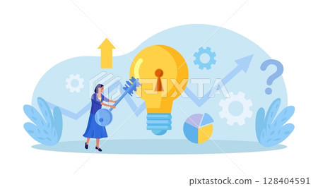 Businessman unlock new business idea. Character holding key to insert into keyhole on light bulb to reach target. Goal achievement concept. Invent new product or unlock creativity. Career opportunity 128404591
