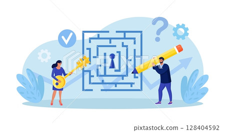 Business solution, strategy. Businessman searching for labyrinth exit plan and drawing path from question to answer. Difficult decision. People trying to solve puzzles with key. Problem solving skill 128404592