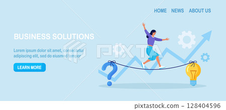 Young woman walking on rope stretched between question mark and light bulb. Finding solutions to problems. Human thoughts process. Problem solving skill, critical thinking. Business innovations 128404596