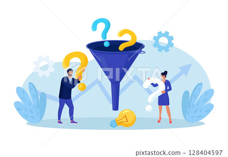 FAQ frequently asked question. Business people with funnel to get solution, filter with question marks. Solving problem, brainstorming, problems research and finding new idea, answer questions FAQ frequently asked question. Business people with funnel to get solution, filter with question marks. Solving problem, brainstorming, problems research and finding new idea, answer questions 128404597