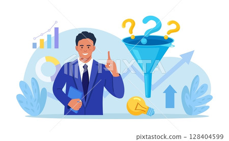 Businessman thinking about attracting customers, followers, making profit. Sales funnel of leads. Business strategy. Monetization tips. Increasing conversion rates SMM strategies 128404599