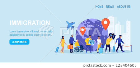Immigration, emigration, people resettlement. Immigrants standing in queue, waiting departure in airport. Foreign citizen moving to developed countries. Population mobility, human migration 128404603