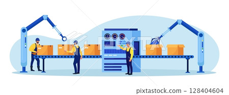 Efficient smart factory with workers, robotic arm, assembly lines. Manufacturing process, industry production. Operator controls conveyor automatic production line with boxes, high tech machinery 128404604