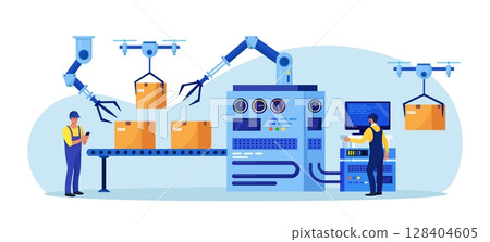 Efficient smart factory with workers, robotic arm, assembly lines. Manufacturing process, industry production. Operator controls conveyor automatic production line with boxes, high tech machinery Efficient smart factory with workers, robotic arm, assembly lines. Manufacturing process, industry production. Operator controls conveyor automatic production line with boxes, high tech machinery 128404605