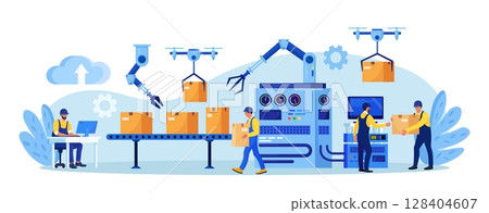 Efficient smart factory with workers, robotic arm, assembly lines. Manufacturing process, industry production. Operator controls conveyor automatic production line with boxes, high tech machinery 128404607