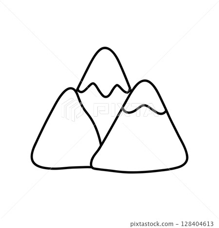 Three mountain peaks in minimalist line art style. Clean vector illustration for eco design, logos, hiking themes, outdoor adventure, and modern travel branding. 128404613