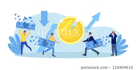 Inflation and deflation. Profit and loss in business. Lose money in financial crisis. Businessman holding big money banknote while reduce in value. Rising food cost and grocery prices Inflation and deflation. Profit and loss in business. Lose money in financial crisis. Businessman holding big money banknote while reduce in value. Rising food cost and grocery prices 128404618