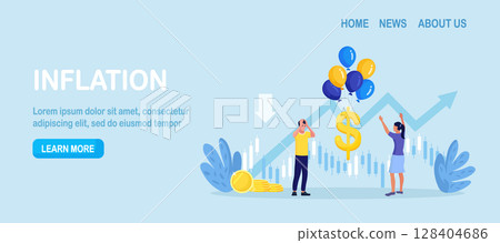 Inflation causing price rising up, financial crisis. Overvalued stock market. Money value growth. Unstable cash worth. Air balloons tied with dollar sign flying high rising up in the sky Inflation causing price rising up, financial crisis. Overvalued stock market. Money value growth. Unstable cash worth. Air balloons tied with dollar sign flying high rising up in the sky 128404686
