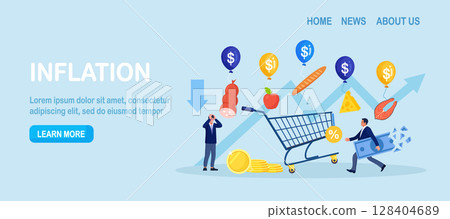 Inflation, financial crisis. People trying to catch groceries flying away from shopping cart with inflation bubbles. Rising food cost and products prices. Recession causing grocery price rising up Inflation, financial crisis. People trying to catch groceries flying away from shopping cart with inflation bubbles. Rising food cost and products prices. Recession causing grocery price rising up 128404689
