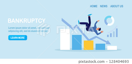 Bankruptcy, inflation. Global financial crisis, business failure. Man losing profits, falling with arrow down. Businessman upset about unpaid loan debt, recession, economy problems 128404693