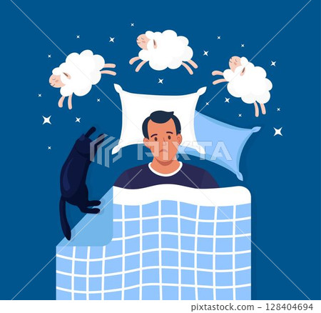 Young man suffers from insomnia. Person lying in bed trying to fall asleep and counting sheep. Male character with sleep disorder, sleeplessness, mental problem 128404694