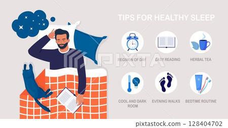 Useful tips and rules for healthy good sleep. Bedtime routine for peaceful dream, relax at night. List of advice to get rid of insomnia, sleeplessness. Man sleeping in bed on pillow with book and cat Useful tips and rules for healthy good sleep. Bedtime routine for peaceful dream, relax at night. List of advice to get rid of insomnia, sleeplessness. Man sleeping in bed on pillow with book and cat 128404702