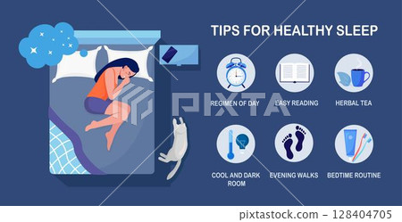 Useful tips and rules for healthy good sleep. Bedtime routine for peaceful dream, relax at night. List of advice to get rid of insomnia, sleeplessness. Woman sleeping in bed on pillow with book, cat 128404705