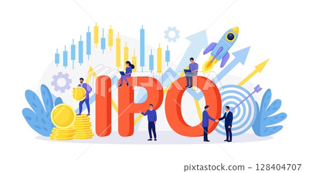 IPO Initial Public Offering. Company go public in stock market. Investment opportunity, profit from new stock. Businessman trader trading, invests in market stock share. Business growth Passive income 128404707