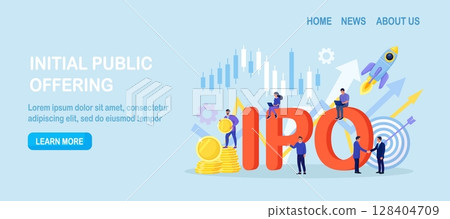 IPO Initial Public Offering. Company go public in stock market. Investment opportunity, profit from new stock. Businessman trader trading, invests in market stock share. Business growth Passive income 128404709