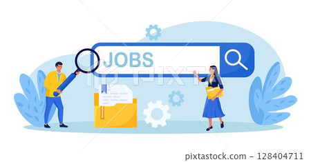 Employees looking for job. Unemployed people using magnifying glass searching vacancy on the search bar. Unemployment. Career, find opportunity, work position. Online recruitment service 128404711