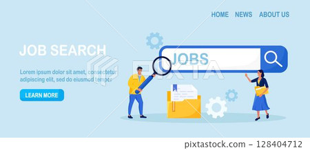Employees looking for job. Unemployed people using magnifying glass searching vacancy on the search bar. Unemployment. Career, find opportunity, work position. Online recruitment service 128404712