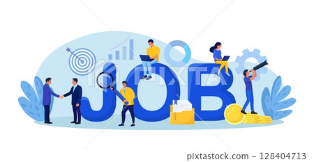 Employees looking for job. Unemployed people using magnifying glass, binoculars searching vacancy, job opportunities.  Unemployment. Career, find opportunity, work position. Online recruitment service 128404713