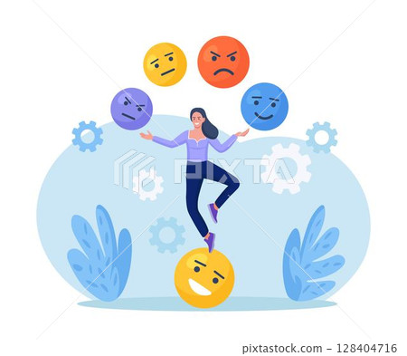 Emotional intelligence, balance of anxiety and happiness. Woman juggles emoticons, expression emotional faces. Emotions, mood control. Mindfulness and psychology. Consciousness, self development 128404716