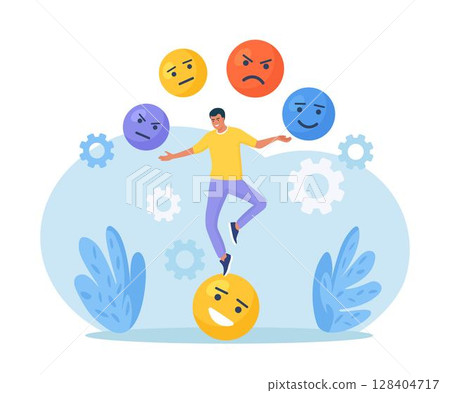 Emotional intelligence, balance of anxiety and happiness. Man juggles emoticons, expression emotional faces. Emotions, mood control. Mindfulness and psychology. Consciousness, self development 128404717