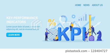Key Performance Indicator. Businessman using measuring tape to measure KPI. Business success, performance measurement, target achievement. Data review, evaluation. Analytics tool, financial management 128404727