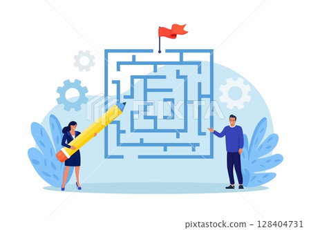 Businessman solving business problem, searching for labyrinth exit plan. People drawing path from question to answer. Business strategy, planning and skill to overcome challenges to reach success 128404731