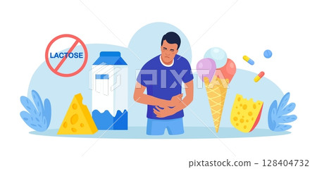 Lactose Intolerance. Young Sick Man Suffering with Stomach Ache, Diarrhea, Abdominal Pain, Bloating, Nausea. Allergy on Dairy Food. Unwell Allergic Reaction with Milk Products, Cheese, Ice Cream 128404732