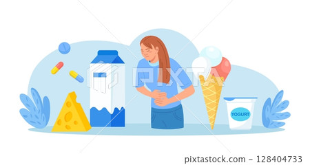 Lactose Intolerance. Young Sick Woman Suffering with Stomach Ache, Diarrhea, Abdominal Pain, Bloating, Nausea. Allergy on Dairy Food. Unwell Allergic Reaction with Milk Products, Cheese, Ice Cream 128404733