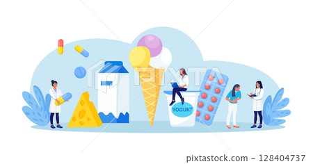 Lactose Intolerance. Dairy Products Intolerant. Doctor Give Pills to Patient for Treat Allergy on Milk Food. Sick Woman Suffering with Stomach Ache, Diarrhea, Abdominal Pain, Bloating, Nausea 128404737