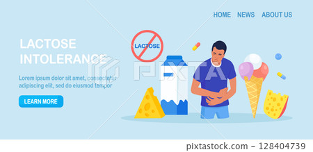 Lactose Intolerance. Young Sick Man Suffering with Stomach Ache, Diarrhea, Abdominal Pain, Bloating, Nausea. Allergy on Dairy Food. Unwell Allergic Reaction with Milk Products, Cheese, Ice Cream 128404739
