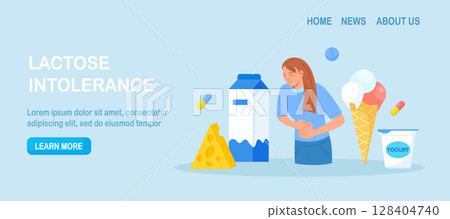 Lactose Intolerance. Young Sick Woman Suffering with Stomach Ache, Diarrhea, Abdominal Pain, Bloating, Nausea. Allergy on Dairy Food. Unwell Allergic Reaction with Milk Products, Cheese, Ice Cream 128404740