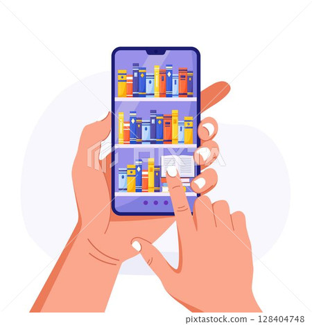 Online library. Phone with books shelves. Internet book store. Distance education on mobile application. Electronic bookshop on smartphone app. Online training courses. App for reading, e-book 128404748