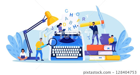 Literature. Author writing chapter of novel, poetry book. Bestseller publishing. People standing near typewriter with paper and words, reading book. Screenwriter, poet or journalist working on article 128404753