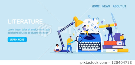 Literature. Author writing chapter of novel, poetry book. Bestseller publishing. People standing near typewriter with paper and words, reading book. Screenwriter, poet or journalist working on article 128404758