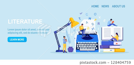 Literature. Author writing chapter of novel, poetry book. Bestseller publishing. People standing near typewriter with paper and words, reading book. Screenwriter, poet or journalist working on article 128404759