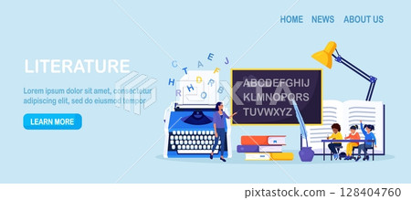 Literature school subject. Students learning foreign alphabet. Pupil reading novel, poetry, grammar book, encyclopedia, classic verses. Teacher standing near typewriter. Screenwriting, journalism 128404760