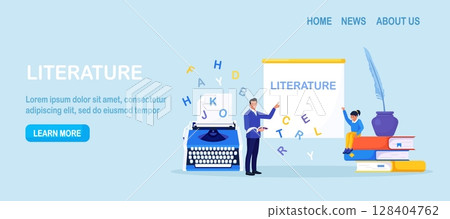 Literature school subject. Students learning language with vocabulary. Pupil reading novel, poetry, grammar book, encyclopedia, classic verses. Children learning and sitting on books. Study in library 128404762