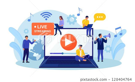 Live streaming, broadcast vlog. Video streaming podcast. Tiny people watch live stream in social networks and sharing online video. Business working process 128404764