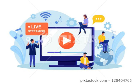Live streaming, broadcast vlog. Video streaming podcast. Tiny people watch live stream in social networks and sharing online video. Business working process 128404765