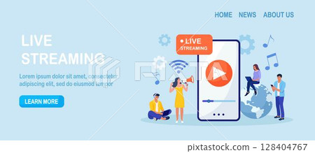 Live streaming, broadcast vlog. Video streaming podcast. Tiny people watch live stream in social networks and sharing online video. Business working process 128404767